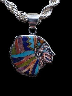 Southwest Sterling Silver Chief Profile Inlay Pendant Turquoise YK